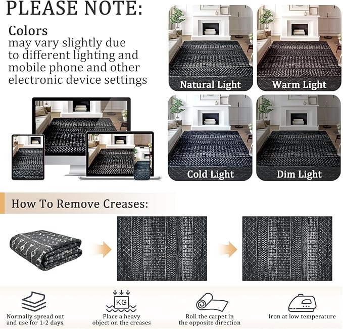 5x7 Machine Washable Area Rug for Living Room, Black Vintage Moroccan Rug Large Non-Slip Low Pile Soft Faux Wool Carpet, Kids and Pets Friendly for Bedroom Dining Room Farmhouse Home Decor Rug