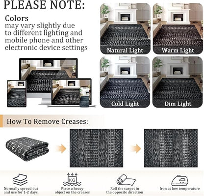2x8 Machine Washable Runner Rug, Kitchen Hallway Area Rug, Black Vintage Moroccan Rug Ultra Non-Slip Low Pile Soft Faux Wool Carpet, Kids and Pets Friendly for Bedroom Entryway Bedside Decor Rug