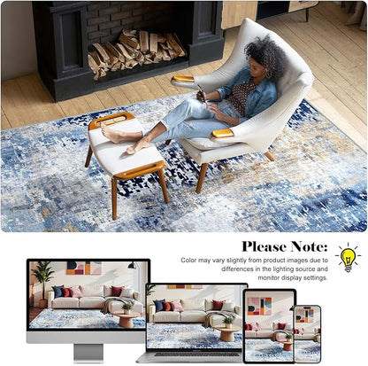 Washable Abstract Runner Rug, 2x6 Modern Area Rugs with Non-Slip Rubber Backed for Kitchen, Thin but Soft Contemporary Carpet Bedroom Entryway Hallway Decor, Midnight Blue