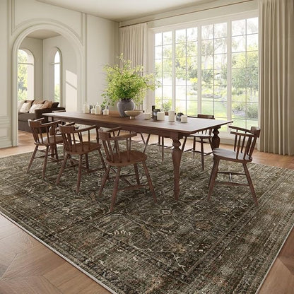 Washable 10x14 Area Rugs for Living Room, Boho Non-Slip Vintage Distress Large Rugs for Bedroom Dining Room Office, 0.3" Neutral Oriental Throw Thin Carpet, Rust/Multi