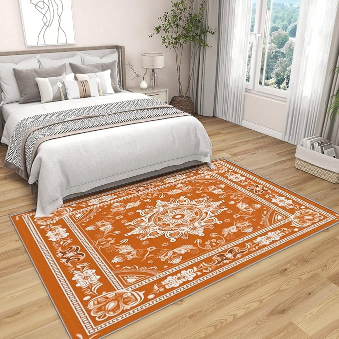 Mandala Rugs for Living Room - 8x10 Area Rugs, Vintage Floral Living Room Rug, Orange Mandala Rug for Bedroom, Boho Medallion Washable Carpet, Meditation Boho Ethnic Home Decor & Gifts