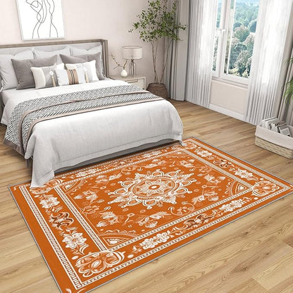 Mandala Rugs for Living Room - 7x9 ft, Vintage Floral Rug, Orange Mandala Rugs for Living Room Bedroom, Boho Medallion Washable Area Rug Soft Carpet, Meditation Boho Ethnic Home Decor & Gifts