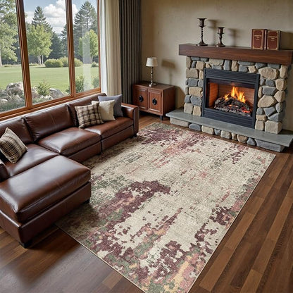 8x10 Area Rug Living Room Rugs - Washable Neutral Modern Abstract Soft Thin Rug Indoor Floor No Slip Rug Carpet for Bedroom Under Dining Table Home Office Decor - Purple/Green/Beige