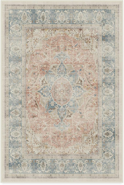 RUGGABLE Washable Vintage Area Rug – Sarrah Coral 4x6, Stain-Resistant, Non-Slip – Medium Machine Washable Rugs for Living Room, Bedroom, Hallway, Entryway & Office–with Standard Pad