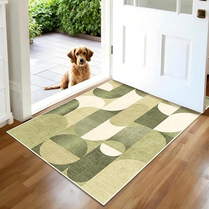 Small Rugs 2x3 Green Rug for Entryway Bathroom Kitchen Entrance Doormat,Modern Geometric Accent Floor Throw Carpet Non Slip