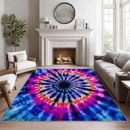 Tie Dye Rugs for Bedroom -Mandala Hippie Rug, 3x5 ft, Colorful Psychedelic Area Rug, Blue and Pink Abstract Washable Non-Slip Rugs for Entryway, Multicolor Tie Dye Home Decor & Gifts