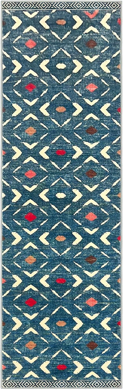 KILOCOCO Hallway Runner Rug 2.6'x10' Runners for Hallways Washable Runner Soft Non Slip Printed Geometric Low-Pile Rugs Runners for Bedroom Kitchen Living Room Boho Rugs, Teal/Blue