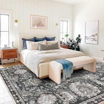 RUGSURE Washable Area Rugs - Perfect for Living Room, Bedroom, Kids Room, Nursery - Stain & Water Resistant Non-Slip, Pet & Child Friendly, Vintage Tribal Area Rugs (Grey, 4' x 6')