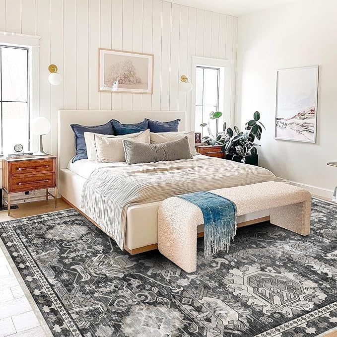 RUGSURE Washable Area Rugs - Perfect for Living Room, Bedroom, Kids Room, Nursery - Stain & Water Resistant Non-Slip, Pet & Child Friendly, Vintage Tribal Area Rugs (Grey, 3' x 5 ')