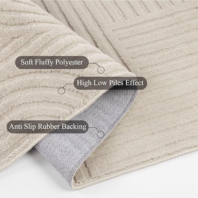 SHACOS Soft Cozy Fluffy Arch Pattern High-Low Pile Runner Rugs 2'x5' Non Slip Washable Scandinavian Minimalist Rug Runner Modern Geometric Carpet for Bedroom Bathroom Hallway Living Room, Beige