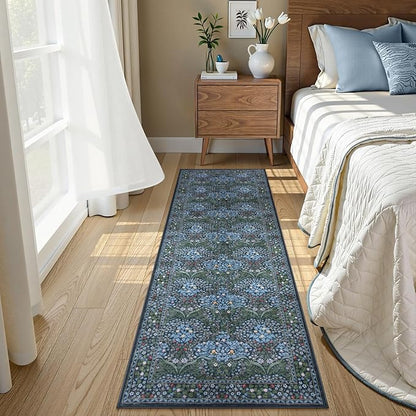 Lahome Floral Washable Kitchen Runner Rug, 2x6 Runners for Hallways Non Slip Ultra-Thin, Boho Soft Hallway Rug Forest Blue Carpet for Bedroom Bathroom Laundry Room, Blue