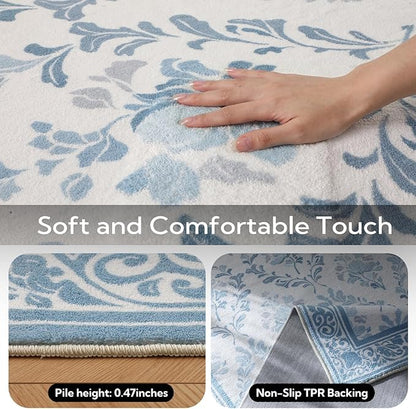 SOULFUL Medium Pile 8x10 Rugs for Living Room - Soft Underfoot Large Area Rug - Mist Blue Boho Floral - Washable Non-Slip - Perfect for Bedroom Kids Room Under Dining Table Office