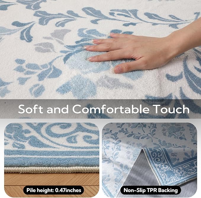 SOULFUL Medium Pile 3x5 Area Rug - Soft Underfoot Small Entryway Rug - Mist Blue Boho Floral - Washable Non-Slip - Perfect for Living Room Bedroom Foot Kids Room Reading Nook