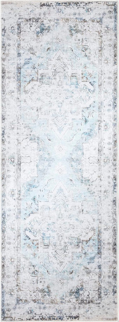 Bloom Rugs Washable Non-Slip 12 ft Runner - Beige/Blue Traditional Runner for Entryway, Hallway, Bathroom, and Kitchen - Exact Size: 2.5' x 12'