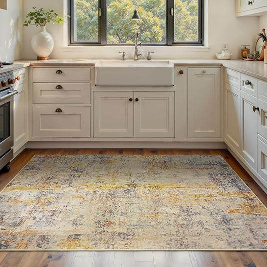 Area Rug 4x6 Beige Rug Washable Boho Rugs Non Slip Low Pile Abstract Small Carpet for Entryway, Bedroom, Kitchen, Classroom, Kids Room, Office, Dorm, Dining Room Light Tan