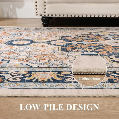 U'Artlines Boho Vintage Area Rug 5x7 Machine Washable Low Pile Soft Floor Carpet Non Slip Non Shedding Accent Rug for Living Room Bedroom Entryway Dining Room Office Orange＆Blue
