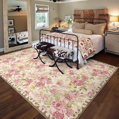 8x10 Machine Washable Area Rug for Living Room, Pink Vintage Boho Floral Rug Large Non-Slip Low Pile Soft Faux Wool Carpet, Kids and Pets Friendly for Bedroom Dining Room Farmhouse Home Decor Rug