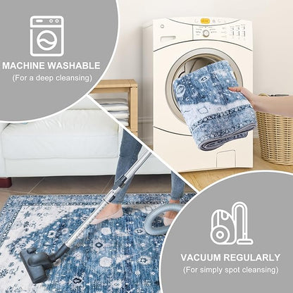 COMSLE Boho Runner Rug, 2' x 8' Washable Area Rugs for Hallway Faux Wool Small Kitchen Distressed Throw Rug Non-Slip Laundry Room Carpet Runner for Entryway Indoor Door Mat Bedroom