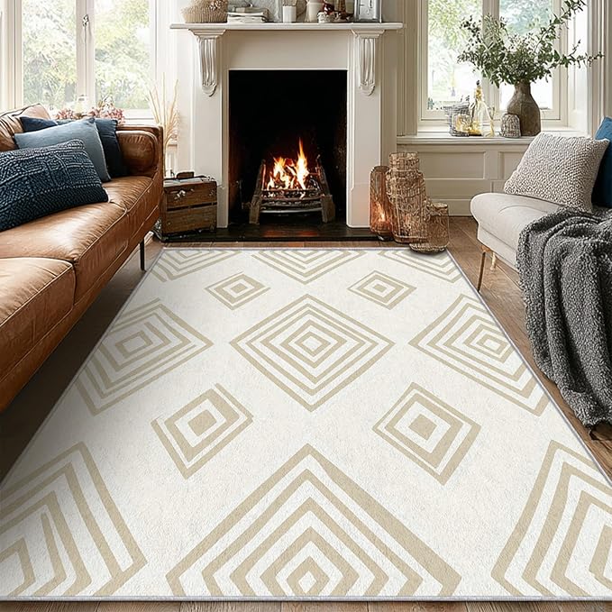 Washable 5x5 Modern Geometric Rug Living Room, Beige Abstract Diamond Design Area Rugs for Bedroom, Modern Geometric Home Decor Carpet, Low Pile, Non Slip, Kids & Pet Friendly (N4179)