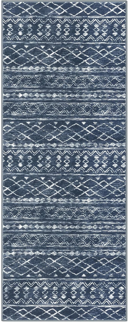 KUTA Boho Kitchen Rugs 2x5 ft Navy Blue Moroccan Washable Runner Rug Non-Slip Vintage Hallway Runners Ultra Soft Distressed Geometric Floor Carpet for Bedroom Laundry Living Room