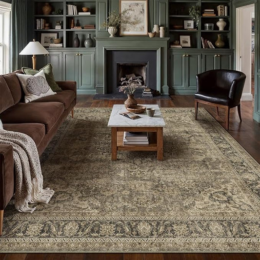 10x12 Brown Area Rug Vintage Living Room Bedroom Washable Carpet Non-Slip Soft Low Pile Distressed Indoor Large Throw Rug for Dining Room Office
