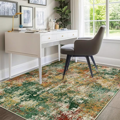 Washable Area Rugs 8'x10' Non-Slip Modern Abstract Soft for Living Room Entryway Bedroom Nursery, Print Pattern, Green Orange Rust Red Cream Colorful