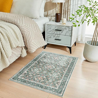 WITSHOCK Washable 2x3 Entryway Area Rug: Soft Non-Slip Backing Washable Rugs Vintage Flower Boho Accent Small Rugs for Bedroom, Kitchen, Bathroom, Nursery Entrance,Teal Blue