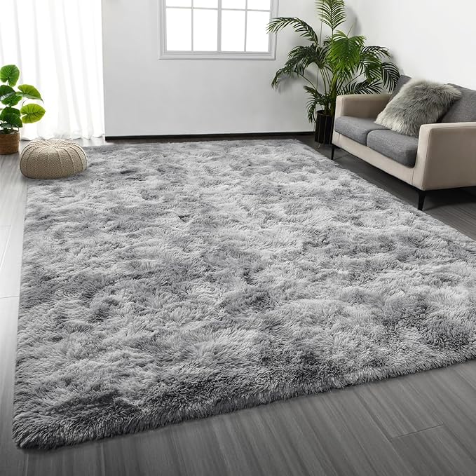 Large Shag Area Rugs 8 x 10, Tie-Dyed Plush Fuzzy Rugs for Living Room, Ultra Soft Fluffy Furry Rug for Bedroom, Indoor Carpet Nursery Rugs for Kids Room Home Decor, Light Grey