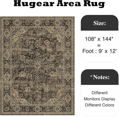 HUGEAR Retro Brown Area Rug 9x12 Machine Washable Living Room Rugs Distressed Vintage Floral Low Pile Carpet Bedroom Office Dining Room Laundry Room Non Slip Soft Lightweight