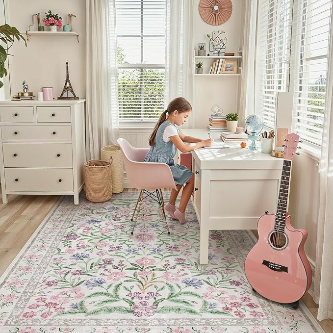 Lahome Purple 8x10 Area Rugs for Living Room, Washable Kids Rugs for Bedroom Girls, Vintage Baby Rugs for Nursery, Soft Thin Carpet for Dining Room Playroom, Pale Lilac/Pink