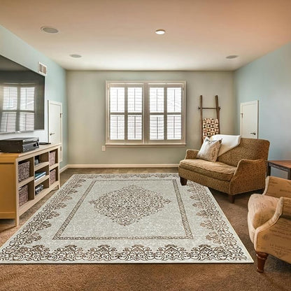 Easy-Going Large Area Rug 8x10 Washable Boho Neutral Rug for Living Room Non-Slip Bedroom Rugs Low Pile Lightweight Floral Brown Print Vintage Throw Rug for Dining Room Kitchen Home Office Carpet