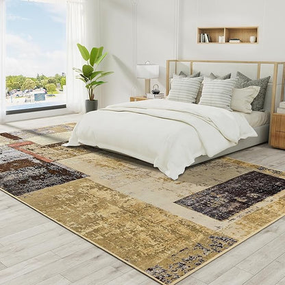 LOCHAS Rug for Living Room, Washable Soft Area Rugs for Bedroom 8x10, Abstract Carpet for Indoor Office Kids Dining Room Nursery Floor, Khaki Geometric Vintage Home Decor, Non Slip, Pet Child Friendly