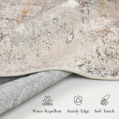 GENIMO Washable 5x7 Area Rugs for Living Room, Non Slip Modern Abstract Rug, Machine Washable Stain Resistant Low Pile Soft Carpet for Bedroom, Dining, Office, Light Grey Brown