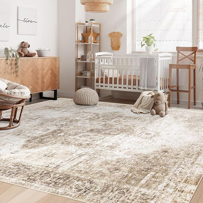 Area Rug 6x9 Washable Rug, Vintage Boho Medallion Rugs Non-Slip Soft Low Pile Large Distressed Rug Indoor Retro Carpet for Living Room Bedroom Dining Room Home Office (Brown, 6'x9')