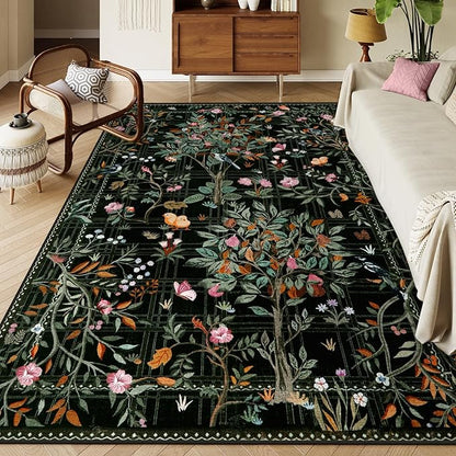 Morebes Black Boho 8x10 Area Rugs for Living Room, Washable Large Floral Rug Non Slip, Soft Flower Birds Low-Pile Floor Indoor Carpet for Bedroom Dining Room Dorm Playroom Nursery