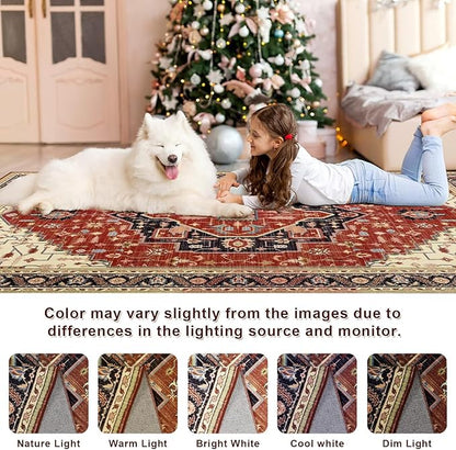 4x6 Orange Red Area Rug for Living Room, Machine Washable Rugs with Non-Slip Backing for Bedroom, Vintage Medallion Carpet Kitchen Laundry Kids Room Decor
