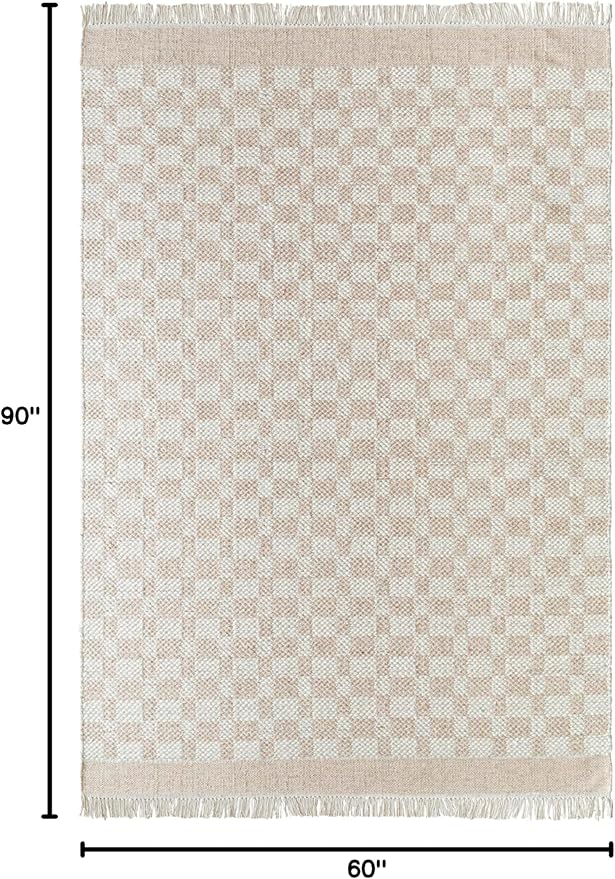 Mark&Day Wool Rugs, 5x8 Clinten Solid and Border Tan Checkered Rug, Tan Ivory Carpet for Living Room, Bedroom or Kitchen (5' x 7'6")