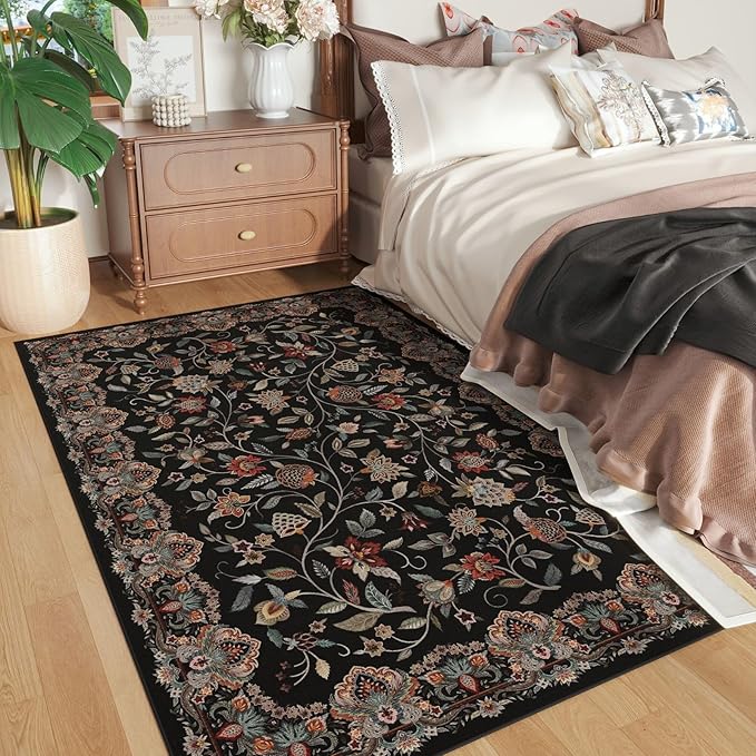 Rugcomf Vintage Paisley Rugs for Bedroom 4'x6' - Machine Washable Area Rug, Non-Slip Low Pile Floral Carpet for Girl/Boys Room, Living Room, Kids, Entry - Black