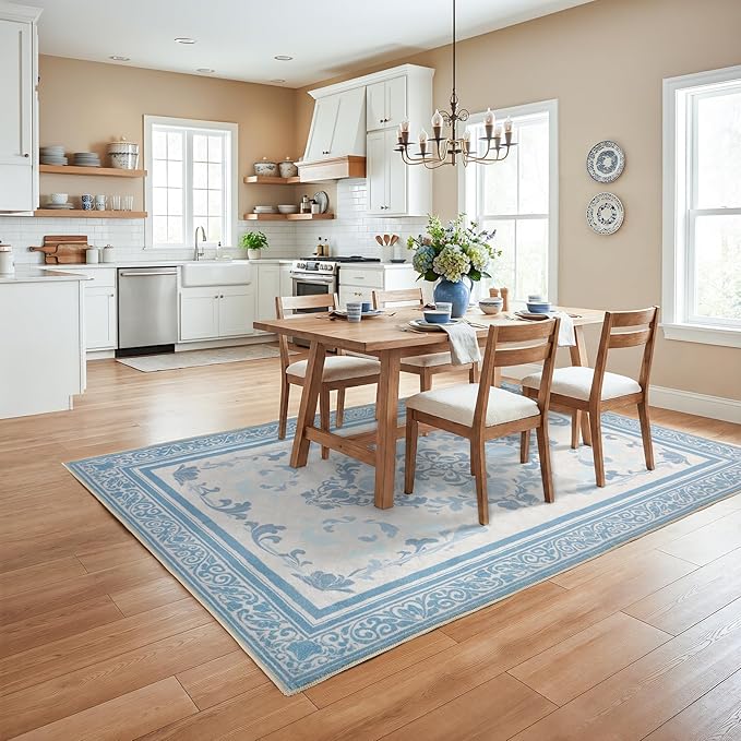 SOULFUL Medium Pile 4x6 Rugs for Living Room - Soft Foot Feel Area Rug - Mist Blue Boho Floral - Washable Non-Slip - Perfect for Bedroom Kids Room Under Dining Table Office