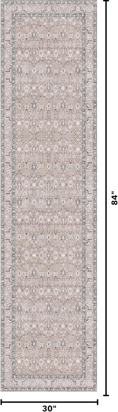 Kuden 2'6"x7' Runner Rug, Machine Washable Area Rug with Non-Slip Backing, Vintage Style, Soft, Easy Clean, Low Pile Rug for Hallway, Entryway, Kitchen, Bedroom