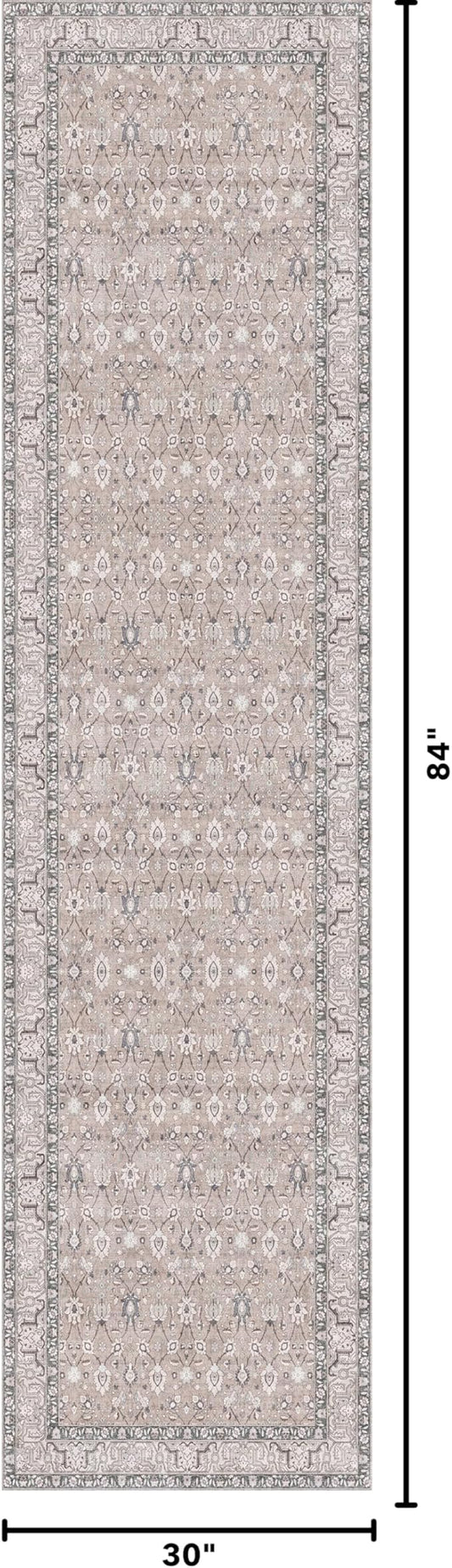 Kuden 2'6"x7' Runner Rug, Machine Washable Area Rug with Non-Slip Backing, Vintage Style, Soft, Easy Clean, Low Pile Rug for Hallway, Entryway, Kitchen, Bedroom