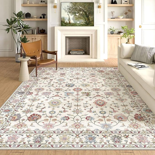 Washable Area Rug 8x10 - Large Cream Colorful Boho Rugs for Living Room Soft Vintage Bedroom Rug Ultra-Thin Traditional Floral Carpet Farmhouse Rug for Dining Room Guest Room Home Decor