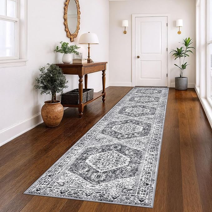 KOZYFLY Runners for Hallways 3x14 Ft Extra Long Washable Kitchen Thin Runner Rug Boho Runner Rug for Entryway Indoor Printed Faux Wool Stair Floor Carpet for Stair Kitchen Hall, Grey