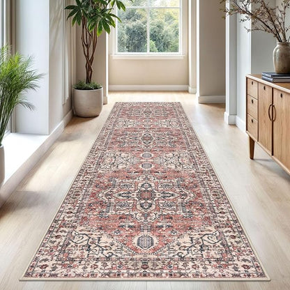 KOZYFLY Long Runners for Hallways 3x10 Ft Washable Kitchen Rug Faux Wool Printed Stair Runner Floor Carpet for Bedroom Entryway Stairs Kitchen Hall Indoor Use, Terracotta/Beige