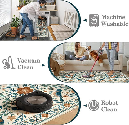 Moynesa Floral Bird Round Rug 6ft Washable Circle Rug Non Slip,Modern Bohemian Area Rugs for Bedroom Reading Coner,Farmhouse Living Dining Room Aesthetic Carpet Retro Home Decor