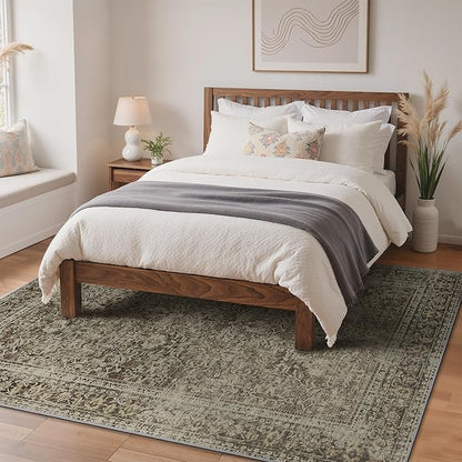 6x9 Area Rug Machine Washable Boho Rug for Living Room,Ultra-Thin Low Pile Carpet,Lightweight Indoor Printed Rug,Non Slip Floral Area Rug for Bedroom, Dining Room, Home Office,Vintage Sage Green