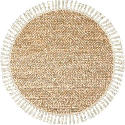 Collive Hand Woven Round Area Rug Soft Cotton Machine Washable Carpet 4ft Farmhouse Rugs with Tassels, Tan/Cream Circle Rugs for Bedroom Living Room Dining Room Table Office