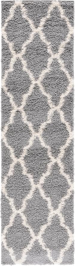 SAFAVIEH Dallas Shag Collection Runner Rug - 2'3" x 16', Grey & Ivory, Trellis Design, Non-Shedding & Easy Care, 1.5-inch Thick Ideal for High Traffic Areas in Living Room, Bedroom (SGD257G)
