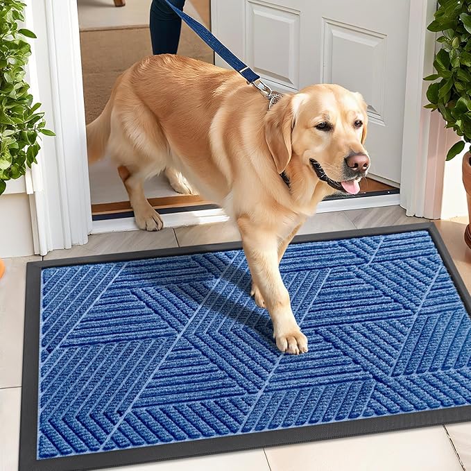 Kitinjoy Front Door Mat Outside Entrance, Sturdy Natural Dirt Trapper, Heavy Duty Rubber Doormat, Low Profile Non-Slip Backing, Easy Clean Floor Mat for Indoor Outdoor Entry, 29.5X17 Inch, Blue