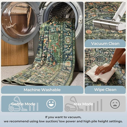 Kokia 8x10 Washable Area Rugs Dark Green with Vintage Orient Design Soft Rug for Living Room or Bedroom Non-Slip Low Pile Stain Resistance Features Distressed Medallion Pattern